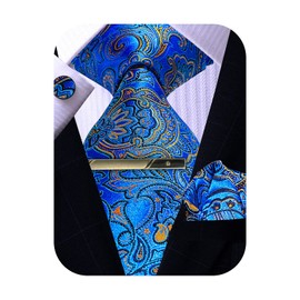ROBERTO GABBANI Gold and Royal Blue Paisley Tie Set for Men, Silk Tie Pocket Square Cufflinks Clip Set for Wedding Business Prom