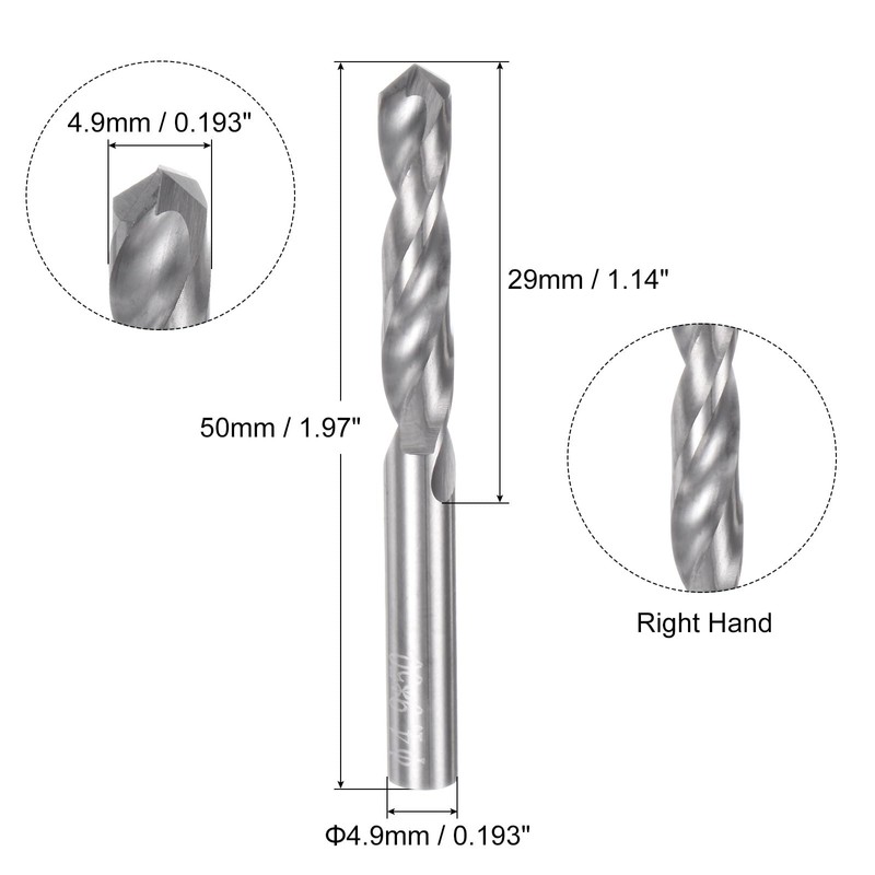 sourcing map Solid Carbide Drill Bit, 4.9mm (0.193") YG6X/C3 Micro-Grain