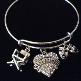 Best Friend Crystal Heart Directors Chair Drama Mask Silver Expandable Charm Bracelet Bangle
