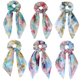 Cutewing Scarf Scrunchie for Women Girls，6PCS Bow Scrunchie Hair Scarf Ties，Tie Dye Flower Hair Scrunchies Ponytai Ribbons Fashion Accessories for Thick Hair