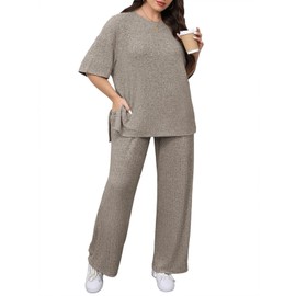 Beautife Womens Plus Size 2 Piece Lounge Sets Ribbed Short Sleeve Tops and Wide Leg Pants Set Travel Airport Outfits Khaki