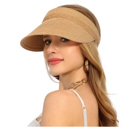 Womens Beach Straw Sun Visor Hat Ponytail Hole UV Protection Wide Brim Summer Cap Packable for Travel UPF 50+(Khaki)