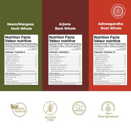 Pride Of India | Ayurvedic Healing Pack 15.06 oz (426.94 gm) | Includes Arjuna Bark Whole, Ashwagandha Root Whole & Neem/Margosa Herb Whole | Perfect for Green Juices, Smoothies | Fosters Wellness