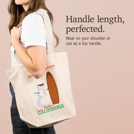 Lantern Press Santa Barbara, California, Merry Christmas from California, Snowman and Surfboard (100% Cotton Canvas Reusable Tote Bag)