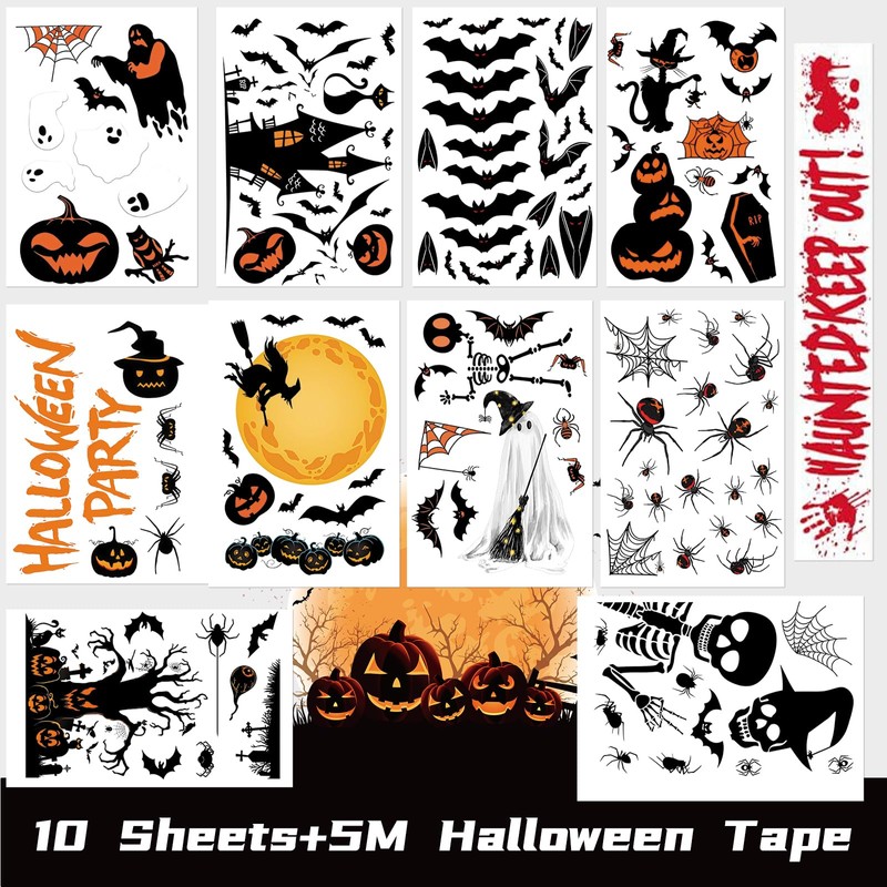 Halloween Window Stickers with Caution Tape 141PCS Halloween Decorations