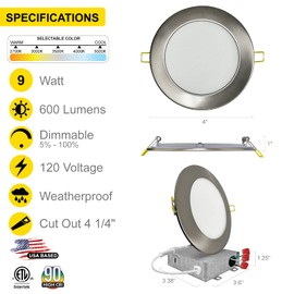 NUWATT 6 Pack, 4 Inch Ultra-Thin Recessed LED Lights Brushed Nickel, 5CCT 2700K/3000K/3500K/4000K/5000K Selectable, 630LM, 9W, IC Rated, Dimmable, Canless Downlight With Junction Box, Energy Star, ETL