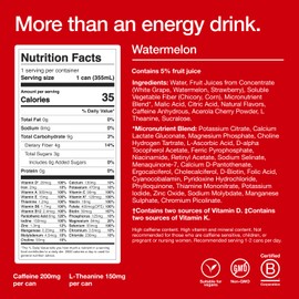 Huel Energy+ | Watermelon Energy Drink | Refreshing Plant-Based Drink with Real Fruit | 200mg of Caffeine and 27 Vitamins & Minerals | 35 Calories per 12 FL Oz, 12 Pack