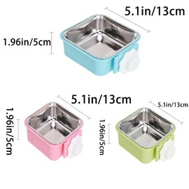 Crate Dog Bowl,Removable Stainless Steel Water Food Feeder Bowls Crate Coop Cup,Pet Cage Bowls with Bolt Holder for Cat, Puppy, Birds, Rats, Rabbits Small Animals ((Blue+Green+Pink) Square, Samll)