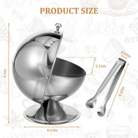 Stainless Steel Sugar Bowl with Roll Top, Stainless Steel Spherical Candies Bowl with 4.33 Inch Sugar Tong, Sugar Cube Holder, Candy Jar Cookies Mints Holder Bowl for Home Kitchen, Office, Parties