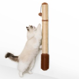 Wall-Mounted Cat Scratching Post – Minimalist Sisal Vertical Climber with Grooming Brush & Hanging Ball for Indoor Cats – Space-Saving, Stylish Design, Brown