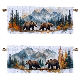 CAIJXIONG Bear Mountain Forest Kitchen Curtains Set of 2 Watercolor Animal Lodge Cabin Window Valance for Living Room Bathroom Bedroom Window Treatment Valances 54x18 inch
