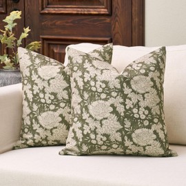 DOMVITUS Floral Pillow Covers 18x18 Set of 2, Vintage Block Print Pillow Covers Neutral Decorative Farmhouse Throw Pillow Covers for Bed Couch Living Room Dusty Green