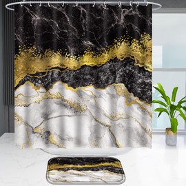 Poedist 4 Pcs Black and Gold Edge Marble Bathroom Shower Curtain Set, Bathroom Sets with Shower Curtain and Rugs(Bath Mat,U Shape and Toilet Lid Cover Mat) and 12 Hooks-Black