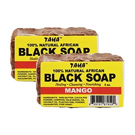 Taha African Black Soap Bar, Organic & 100% Natural, Soothing & Moisturizing, Healthy Cleansing – Great for Blemishes, Acne, Dry Scalp, and More, Natural Scent, 5 Oz (Mango, Pack of 2)