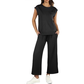PINSPARK Two Piece Sets for Women Summer High Neck Cap Sleeves Sweatsuits Wide Leg Pants Elastic Drawstring Lightweight Lounge Sets, Black XL
