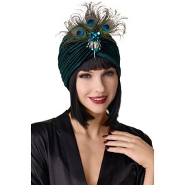 BABEYOND Ruffle Turban Hat for Women Feather Turban Hat with Detachable Crystal Brooch Headwraps Knit Pleated Turban Hat Vintage (DarkGreen)