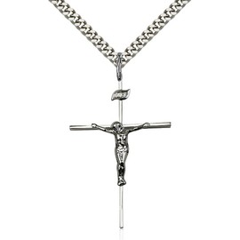 Sterling Silver Crucifix Pendant 1 3/8 x 7/8 inches with Heavy Curb Chain
