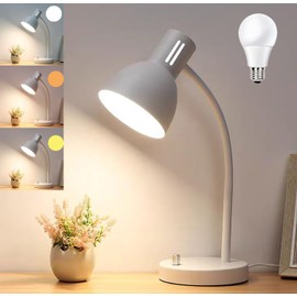 AFORTLO LED Desk Lamp,3 Color Temperature Changeable Table Lamp,Flexible Gooseneck Eye-Caring Book Reading Light for Home Office, Study, Nightlight with Bulb (White)