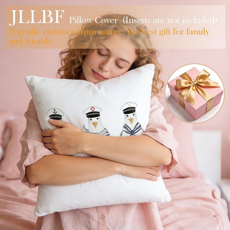 Nautical Seagull Pillow Cover 18x18 Double-Sided, Nautical Decor for Home,