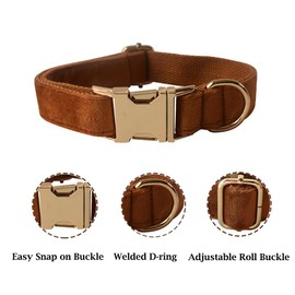 Dog Collar and Leash Set，Soft & Comfy Velvet Dog Collar and Leash with Heavy Duty Metal Buckle and D-Ring Adjustable Collars for Small Medium Large Dogs(Collar+Leash L Neck 12.99"-20.47", Bronze)