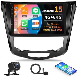[4G+64G] Android 15 Car Stereo for Nissan X-Trail Qashqai Rogue 2014-2018 with Wireless CarPlay Android Auto,10.1" Touchscreen Car Radio with Mirror Link WiFi/GPS,Bluetooth,FM/RDS,SWC+Backup Camera