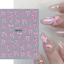 3 Sheets 5D Embossed Bow Nails Stickers for Nail Art Self-Adhesive Bow Nail Art Stickers White Silver Pink Bow Ribbon Design Cute Nails Decals for Women Girls Acrylic Manicure Decorations DIY Supplies