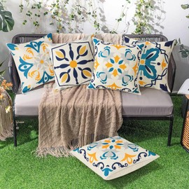 Weldomcor Waterproof Cushion Cover Set of 4, 45x45cm Floral Printed Pattern Outdoor Throw Cushion Cover Bohemian Decorative Pillow Cases for Garden Patio Porch Bench Sofa Indoor Living Room Chair
