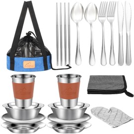 Camping Mess Kit - 1 to 2 Persons Camping Dishes Includes Cups Bowls Dishes Knives Forks Spoons, Etc, Camping Cutlery Set with Mesh Bag is Easy to Carry for Backpacking, Camping, Hiking and Picnics
