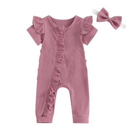DuAnyozu Newborn Baby Girl Clothes Short Sleeve Crewneck Romper Infant Zipper Jumpsuit Bow Headband Spring Summer Outfits (Purple, 12-18 Months)