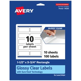 Avery Glossy Clear Rectangle Labels with Sure Feed, 1.5" x 3.75", 100 Glossy Clear Labels, Print-to-The-Edge, Laser/Inkjet Printable Labels
