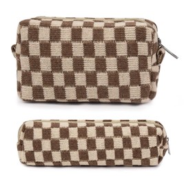 Plaid Makeup Bag Checkered Cosmetic Bag Brown Makeup Pouch 1Pcs Large Capacity Makeup Bags and 1Pcs Pencil Case Makeup Brushes Storage Bag Portable Travel Toiletry Bag Organizer for Women Girls