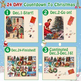 Advent Calendar 2024 Christmas Jigsaw Puzzle, 1008 Pieces 24 Mini Independent Boxes, for Kids and Adults Home Decoration, Santa Claus Holiday Postcards Puzzle, Christmas Puzzles (Q5104)
