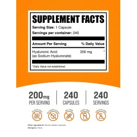 BulkSupplements Hyaluronic Acid Capsules 240 Count 200Mg Dietary Supplement For Health Wellness
