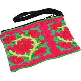 GURU SHOP Purse/Cosmetic Bag with Folklore Embroidery - Black/Pink, Men/Women, Synthetic, 11 x 15 x 3 cm, Small Bags for Cosmetics, Stationery, More, green/pink, Casual