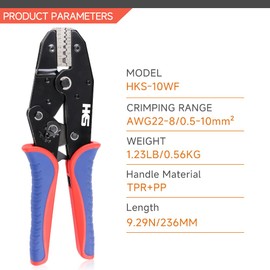 HKS Crimping Tool for Sleeves Ferrule Terminals & Pin Cord End- Ratcheting Wire Crimpers - AWG 22-8 (0.5-10mm²) - Ratchet Terminal Crimper - Electrical Crimping Tool