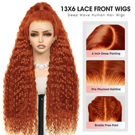 Ginger Wig Human Hair 13x6 Deep Wave Lace Front Wigs Human Hair Pre Plucked Ginger Orange 350 Colored Hd Lace Front Wigs for Black Women 180% Density Ginger Wet Wavy Deep Curly Wig Human Hair 26 Inch