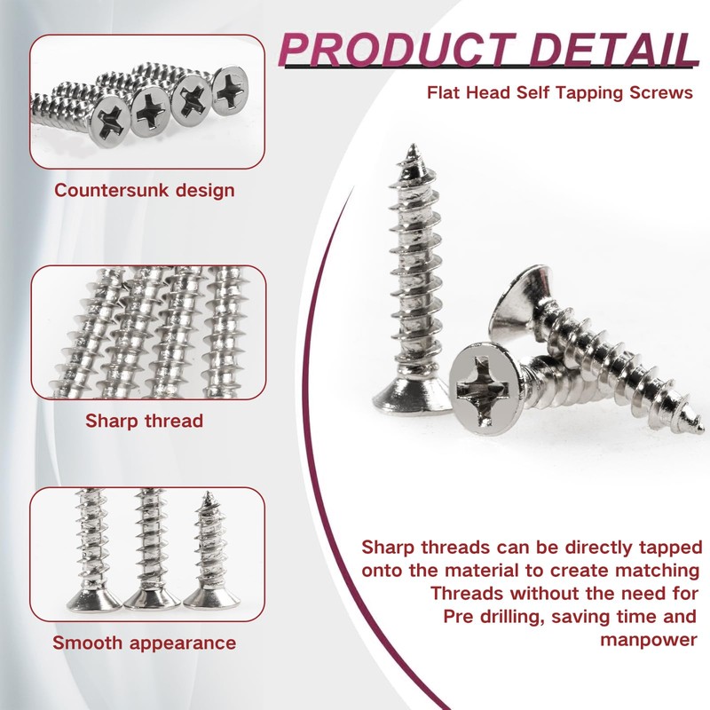 Zmbroll M3 Self Tapping Screw Silver Wood Screws 440Pcs Countersunk