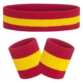 FACATH Sweatbands Set, Headband and Wrist Sweatbands, Cotton Sweat Band for Athletic Men and Women, Sweatbands Sports Headbands for Working Out, Running, Basketball, Tennis, Yoga (Red/Yellow/Red)