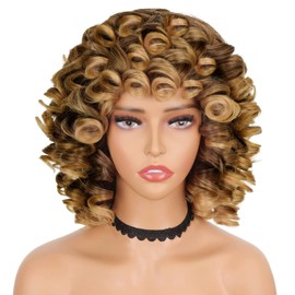 PORSMEER Afro Wig Brown Blonde Synthetic Kinky Loose Curly Natural Hair for Women Ombre Kinky Curly with Fringe Short Wigs for Black Women