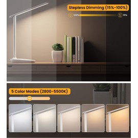 Desk Lamp, LED Dimmable Table Lamp, 5 Colours, 15%-100% Continuous Dimming, Eye-Friendly Bedside Lamp with USB Charging, Touch Control & Memory Function, for Children, Bedrooms, Offices