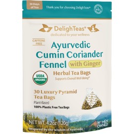 DelighTeas Organic Digest & Detox CCF Tea with Ginger | Eco-Conscious Pyramid Tea Bags | Ayurvedic Cumin Coriander Fennel Ginger Tea | USDA Organic, Vegan, Caffeine Free, Kosher | 30 Tea Bags, 4g each