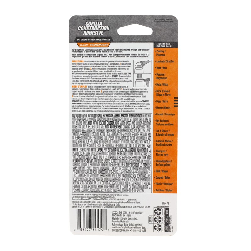 Gorilla Max Strength Construction Adhesive, Clear Glue, 2.5 Ounce Squeeze