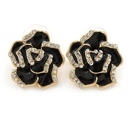 20mm D/Black Enamel Crystal Rose Stud Earrings/Gold Tone