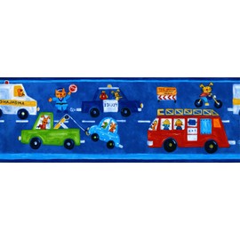 Concord Wallcoverings Wallpaper Border Cartoon Pattern Road Cars Animals for Kid's Bedroom Playroom, Blue Green Red Orange Yellow, 8.5 Inches by 15 Feet CI6228B