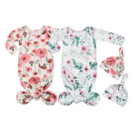 Terriboo Newborn Baby Girl Long Sleeve Sleeper Gown with Mittens Knotted Gown Coming Home Outfit Nightgown Hat Set 2 Pieces (Pink and Red, 0-3 month)