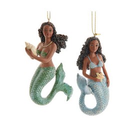 Kurt Adler Seashell Starfish Mermaid - 4 Inch Blue/Green Resin Christmas Tree Ornament; Set of 2