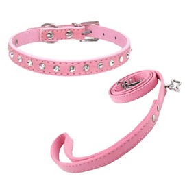 Newtensina Cute Diamante Puppy Collar and Leash Set Bling Microfiber Collar with Lead for Small Dogs Cats - Pink - XS
