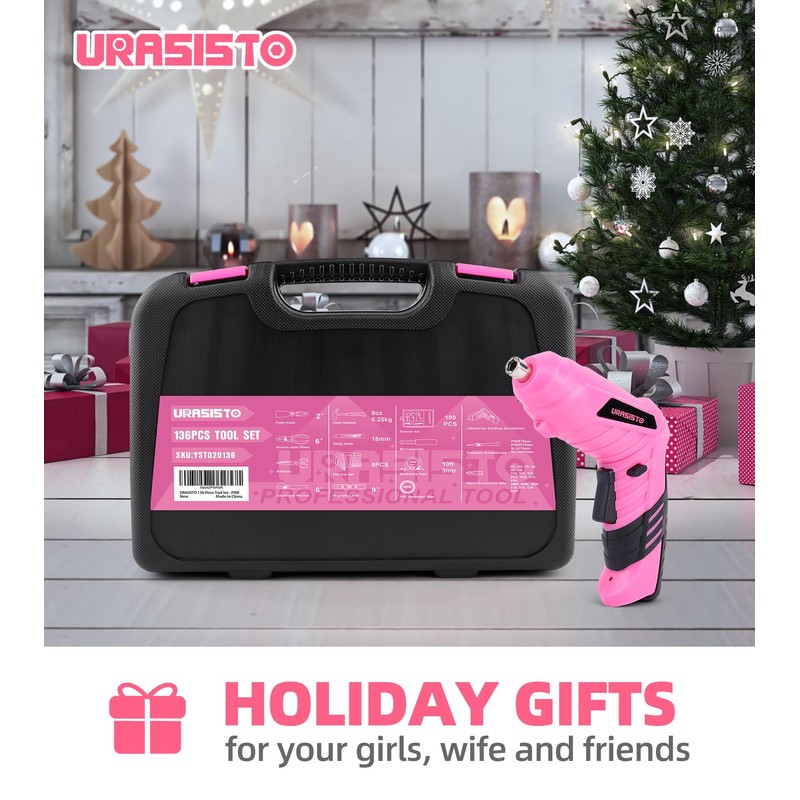 URASISTO Pink Household Tool Set with 3.6V USB Electric Screwdriver,