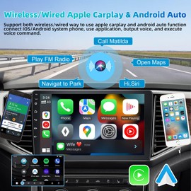 Podofo 2+32G Double Din Car Stereo with Wireless Apple Carplay Android Auto 10.1 Inch Touchscreen Android Radio Supports GPS Navigation, WiFi, RDS, Split Screen + Backup Camera & Mic