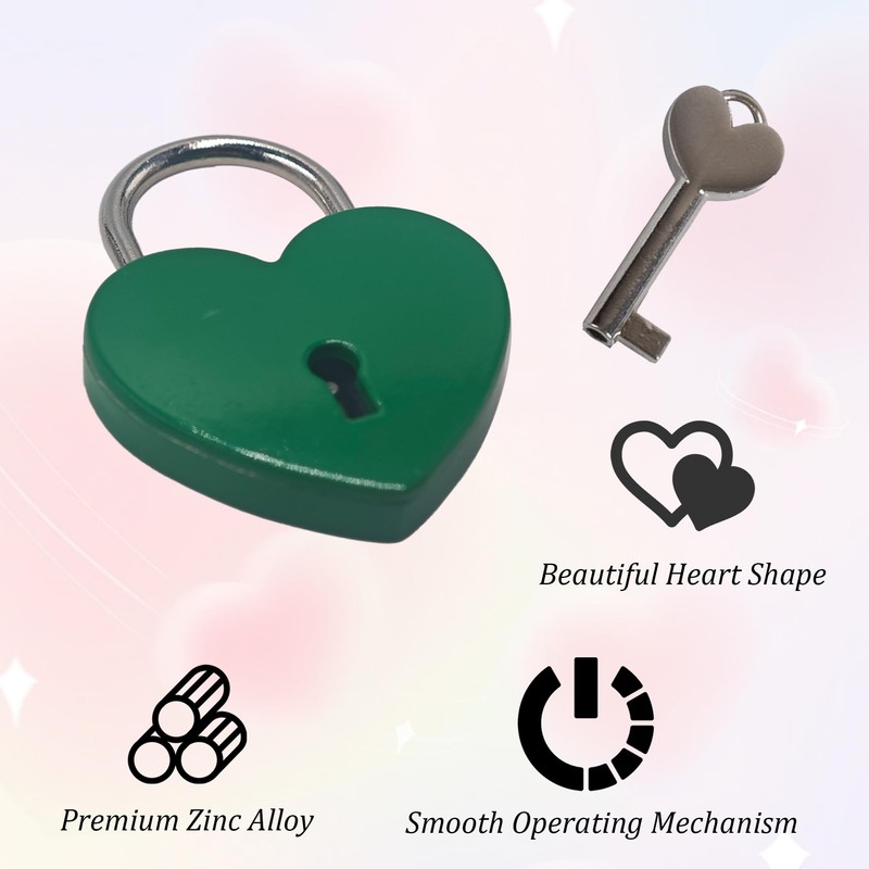 bociloy 2PCS Green Heart Shaped Padlock with Keys, 59×45×8mm Zinc